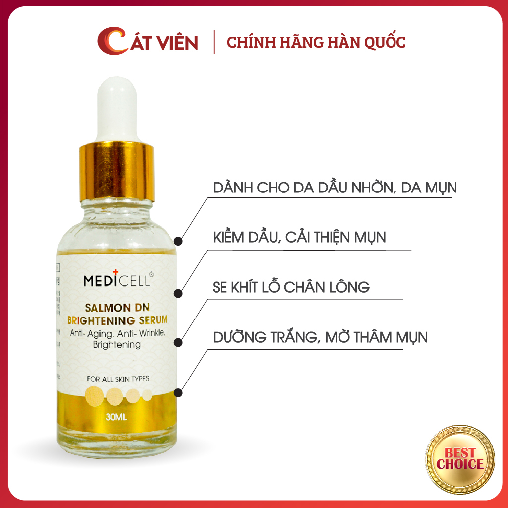 Serum Cá Hồi Kiềm Dầu Salmon Dn Brightening Medicell Giảm Mụn Se Khít Lỗ Chân Lông Dưỡng Trắng Da Mờ Thâm Mụn - Lọ 30Ml