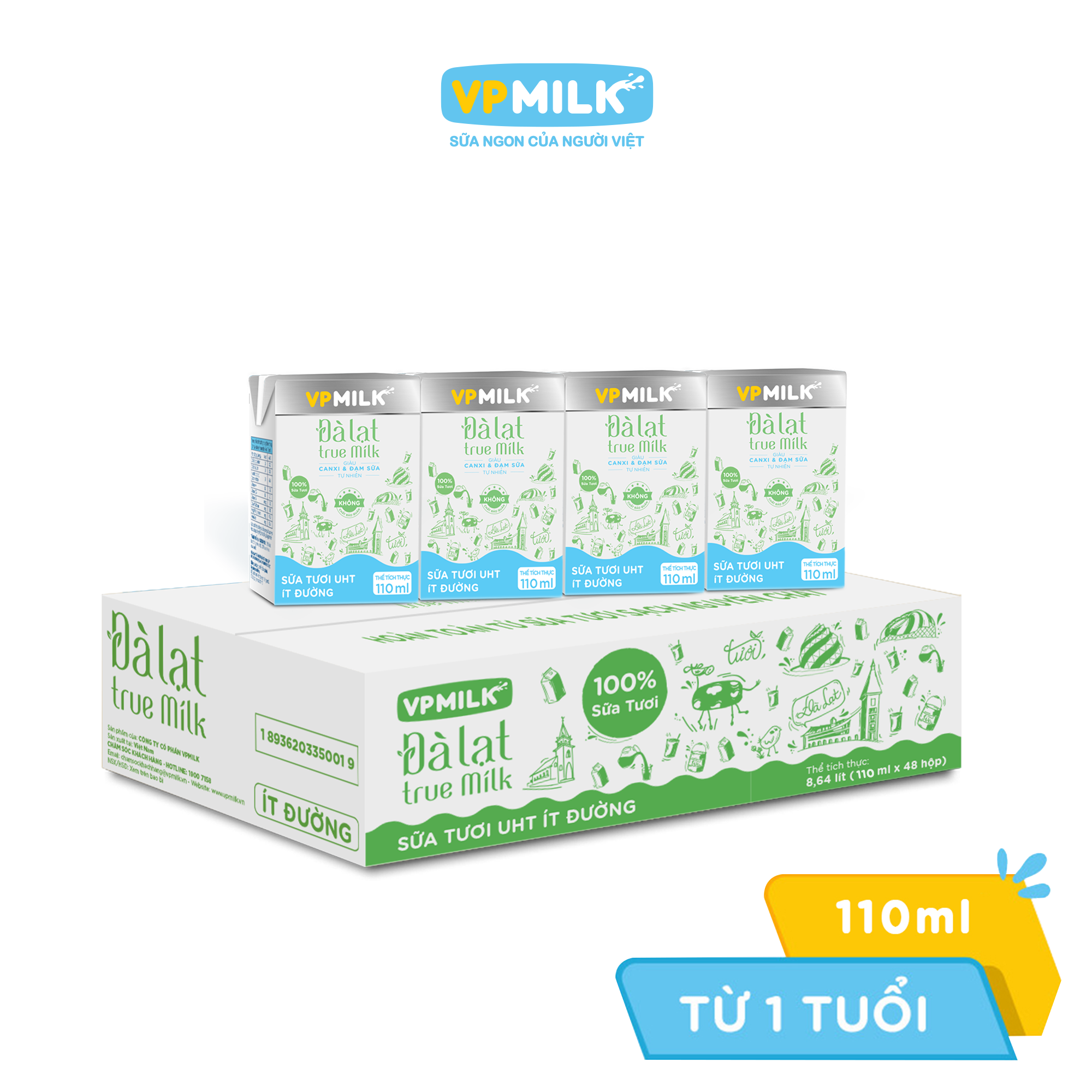 [Thùng 48 hộp 110ml] Sữa Tươi Nguyên Chất UHT Đà Lạt True Milk Ít Đường