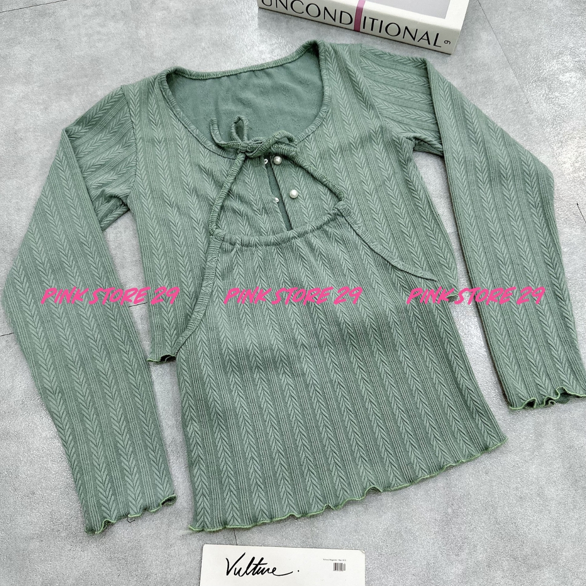 Áo khoác cardigan dáng croptop PINKSTORE29 kèm áo yếm trong phối cúc cài kiểu A5682