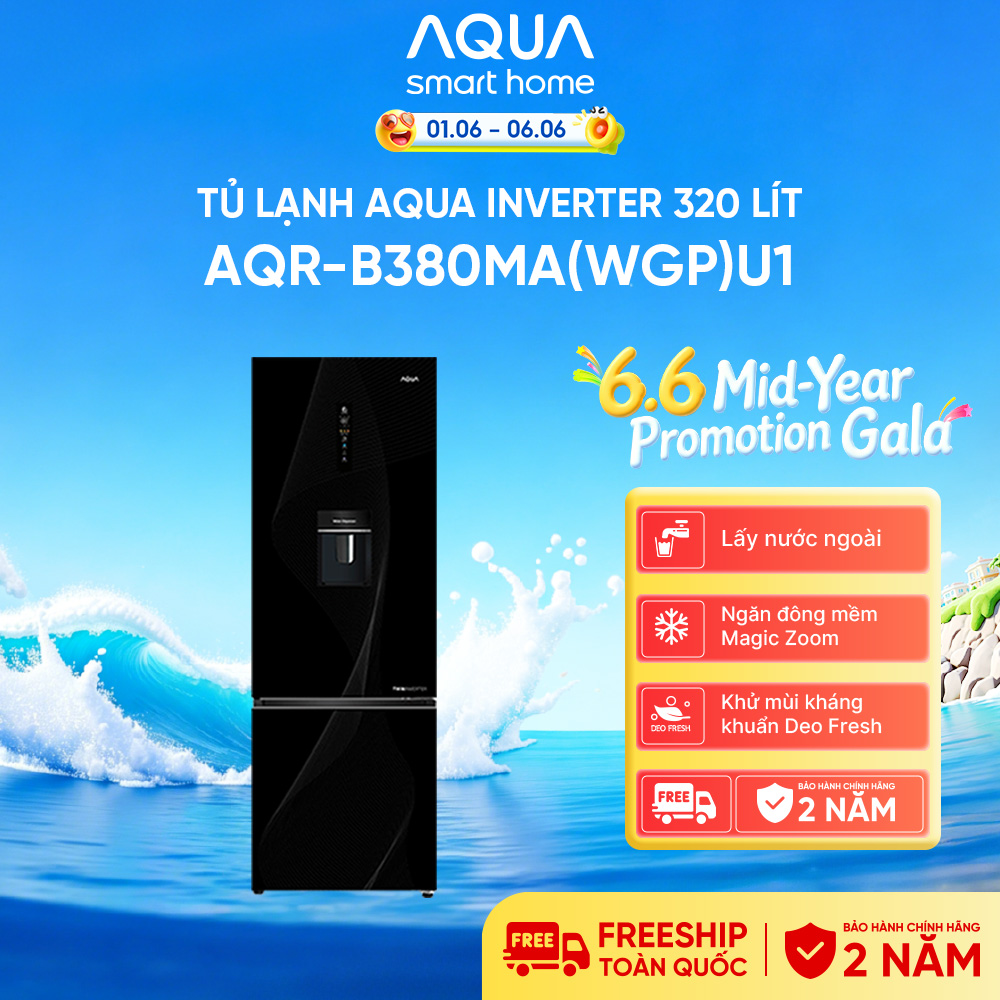 Tủ lạnh Aqua Inverter 320 lít AQR-B380MA(WGP)U1 - Ngăn đá dưới, màu đen, dung lượng lớn