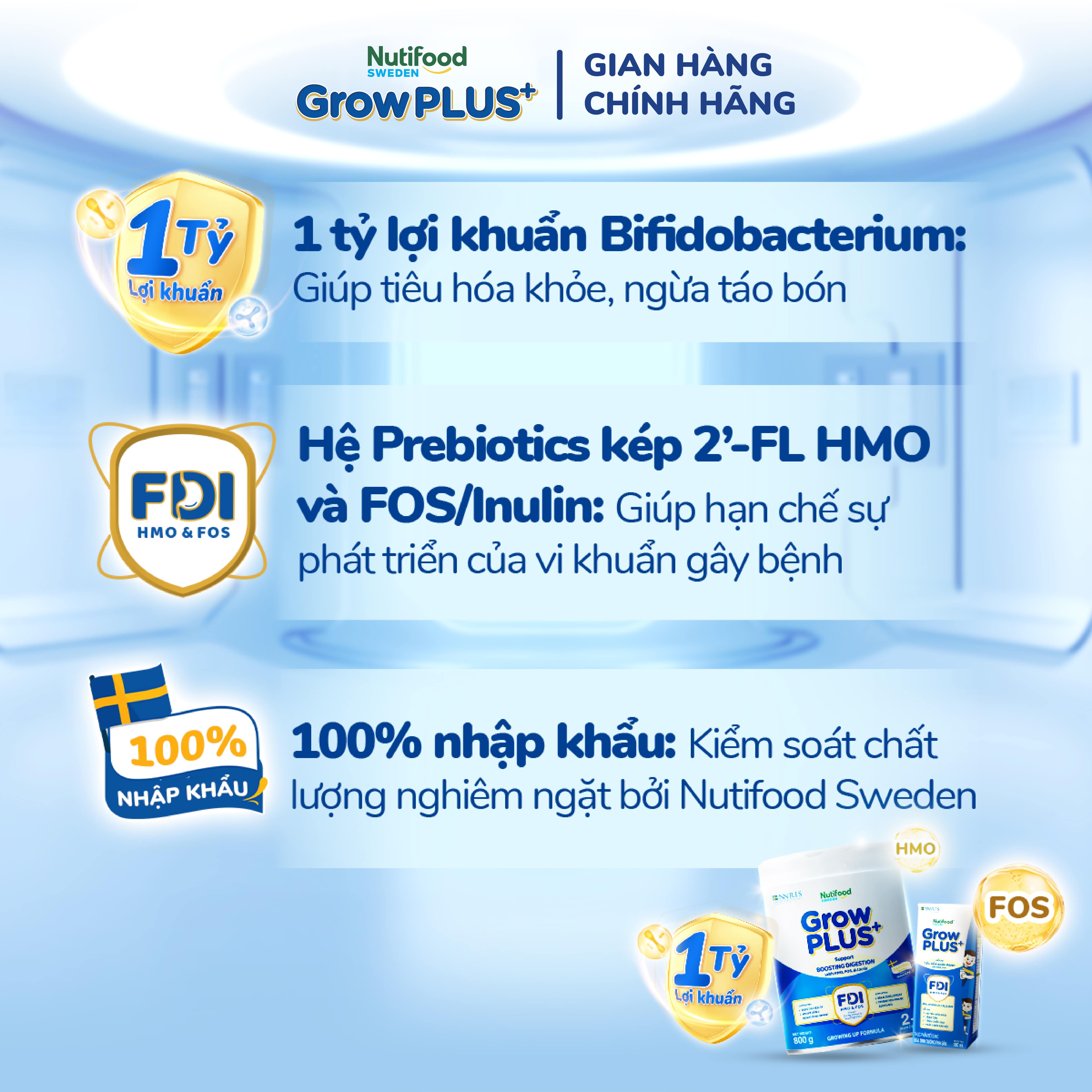 Sữa Nước Pha Sẵn Nutifood Sweden GrowPLUS+ Tiêu Hóa (Xanh Nhạt) - Hỗ trợ tiêu hóa khỏe mạnh bé tăng cân - Trên 1 tuổi (48 hộp x 110ml)