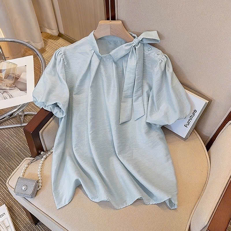 [KÈM ẢNH THẬT] Áo Sơ Mi Cộc Tay Nữ Cổ Dây Nơ Đính Cúc Basic 3 Màu Thời Trang Áo Sơ Mi Mềm Mịn Thoáng
