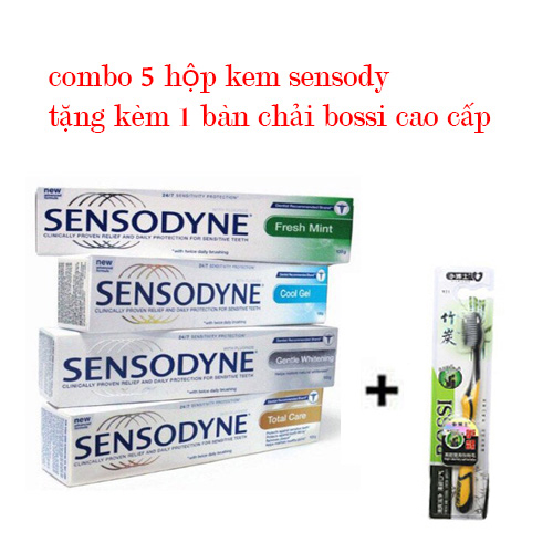 COMBO 5 tuýp kem đánh răng SENSODYNE chống ê buốtkhử mùi Tặng 1 bàn chải BOSSI CAO CẤP