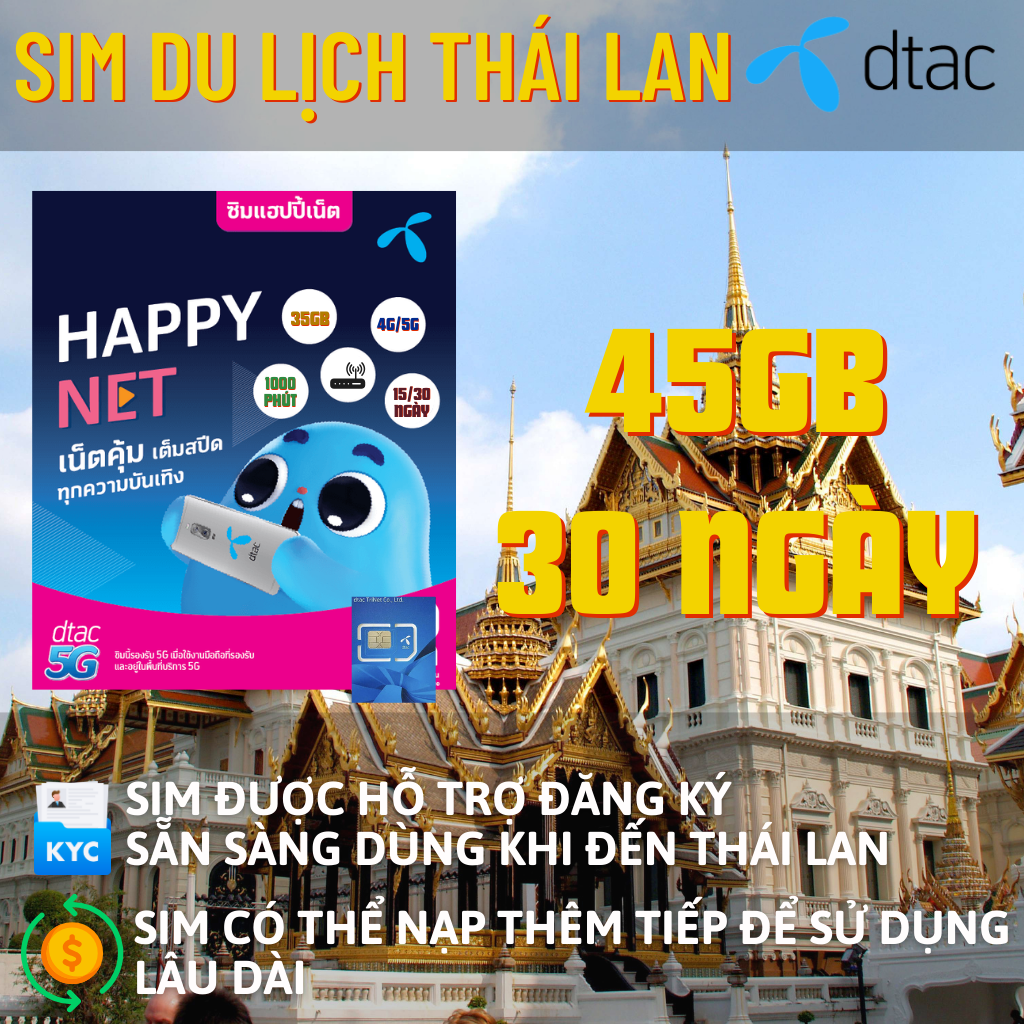 [Mạng truemove-dtac-ais] Sim du lịch Thái Lan 30-50GB internet tốc độ 4G 5G nghe gọi miễn phí