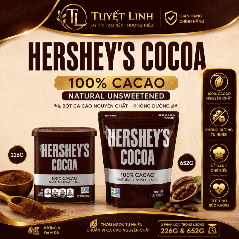 Bột Cacao/ Socola Vị Tự Nhiên Thơm Ngon Đậm Đà Hersheys Cocoa 100% Cacao 226g (100% From USA)