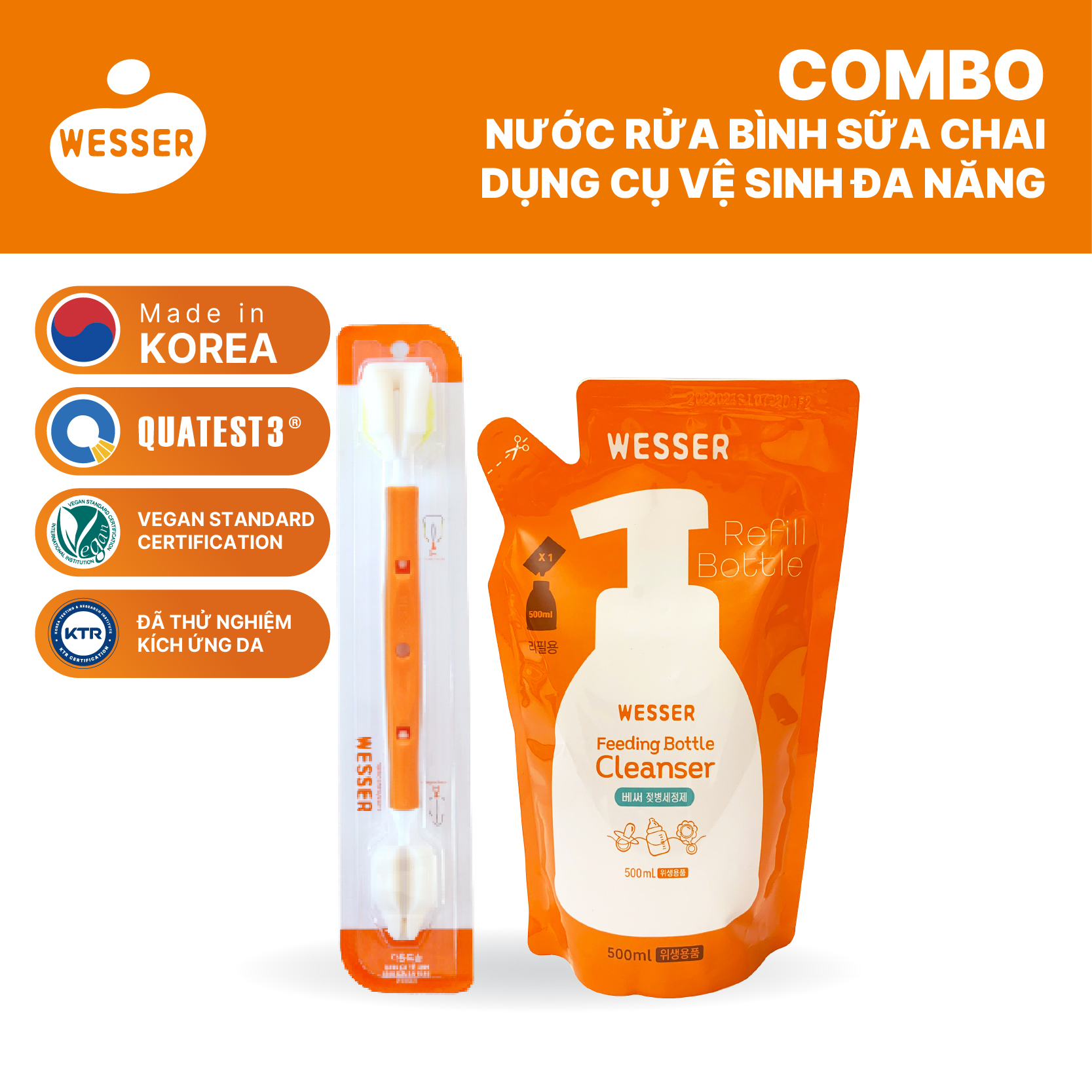 Combo Nước rửa bình sữa gói+ Dụng cụ vệ sinh bình sữa đa năng