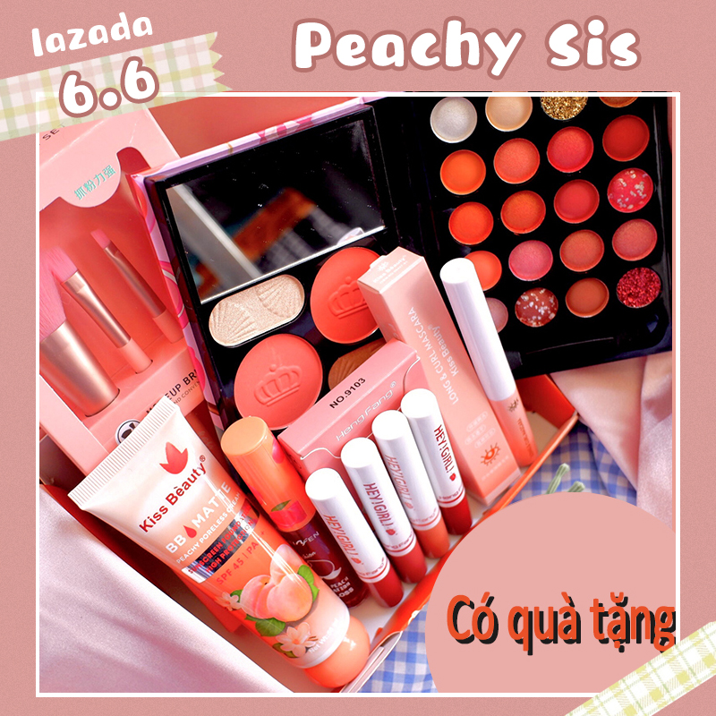 [Hcm][Peachy Sis] Bộ Mỹ Phẩm Trang Điểm 9 Món Kiss Beauty (1 Bộ 4 Cọ Trang Điểm + Kem Bb + Khay Trang Điểm 28 Màu + Mascara + Chì Kẻ Môi + 1 Bộ 4 Son)