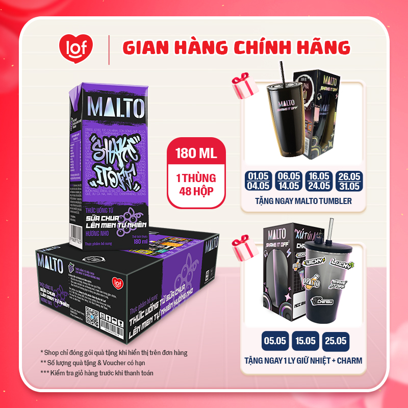 Sữa chua lên men tự nhiên MALTO Shake It Off hương nho thùng 48 hộp x 180ml