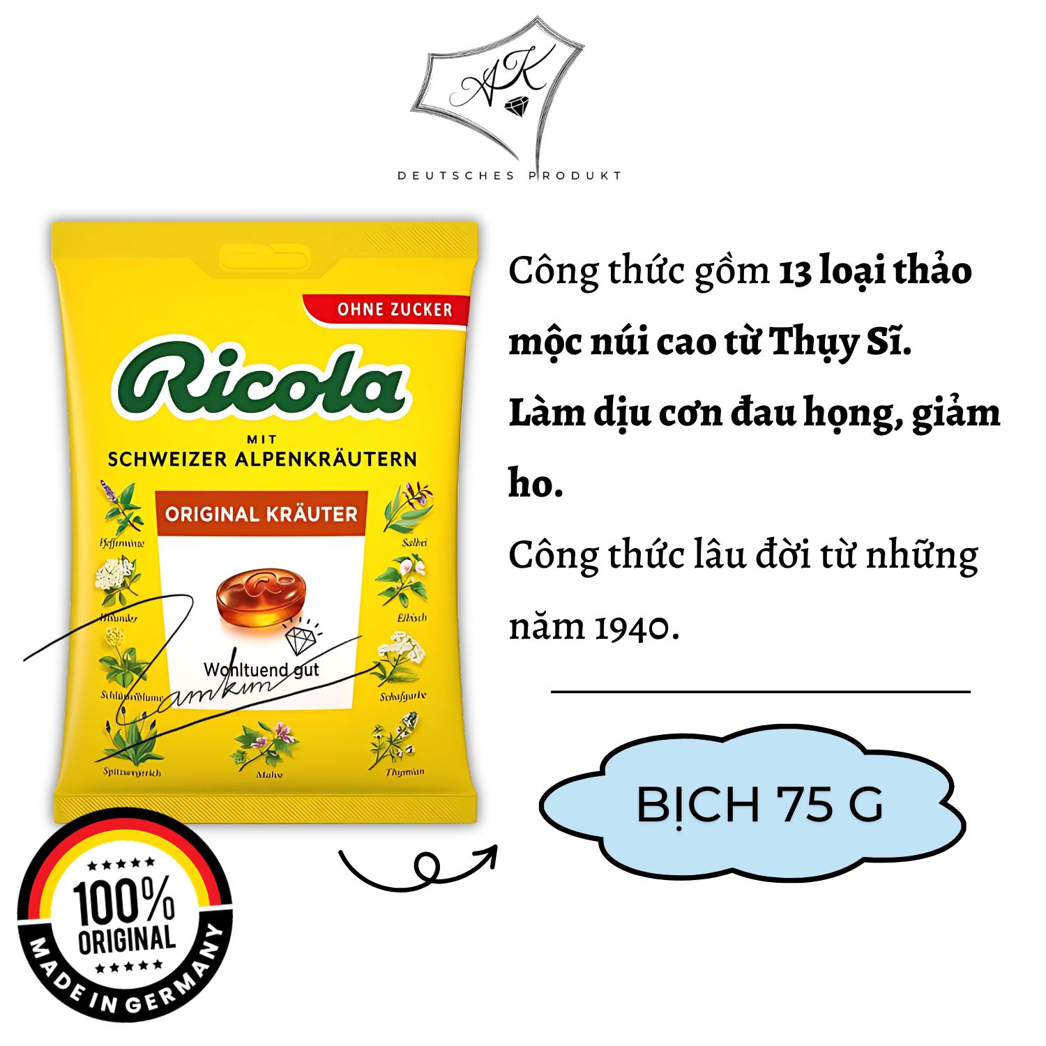 [ Hàng Đức ] Kẹo ngậm ho thảo mộc Ricola gói 75g giảm ho giảm khàn giọng