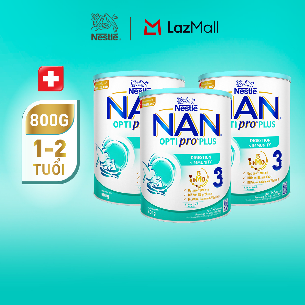 Bộ 3 lon Sữa Bột Nestlé NAN OPTIPRO PLUS 3 Cho Trẻ Từ 1-2 Tuổi 800g Hỗ Trợ Tiêu Hóa Đề Kháng Trí Não & Phát Triển Toàn Diện Nhập Khẩu Thụy Sĩ