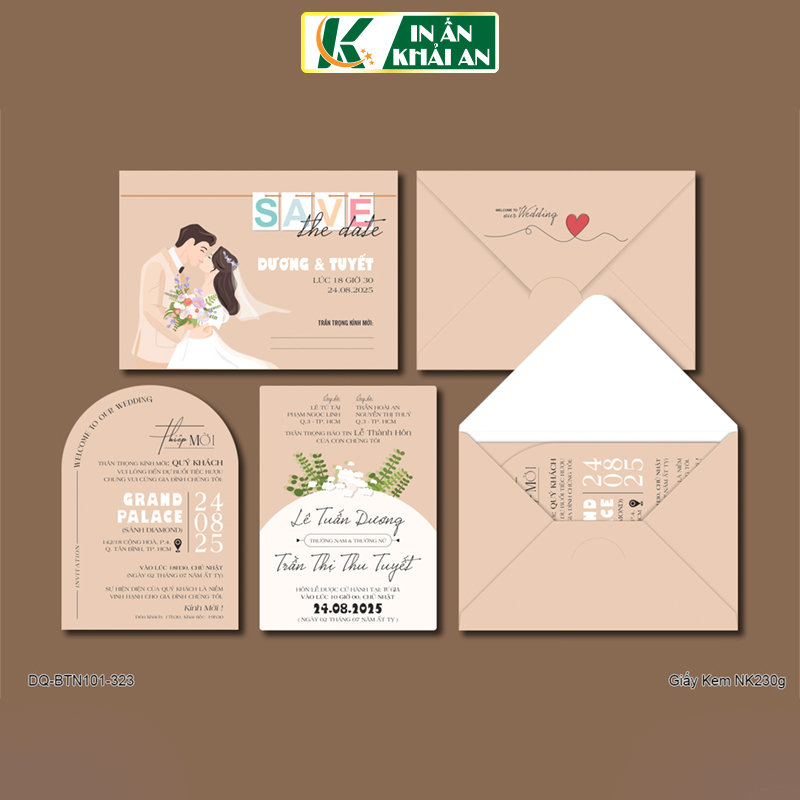 BTN101-323 - Thiệp cưới dạng ngang 17.6x12.6cm chất liệu Giấy Kem NK230g