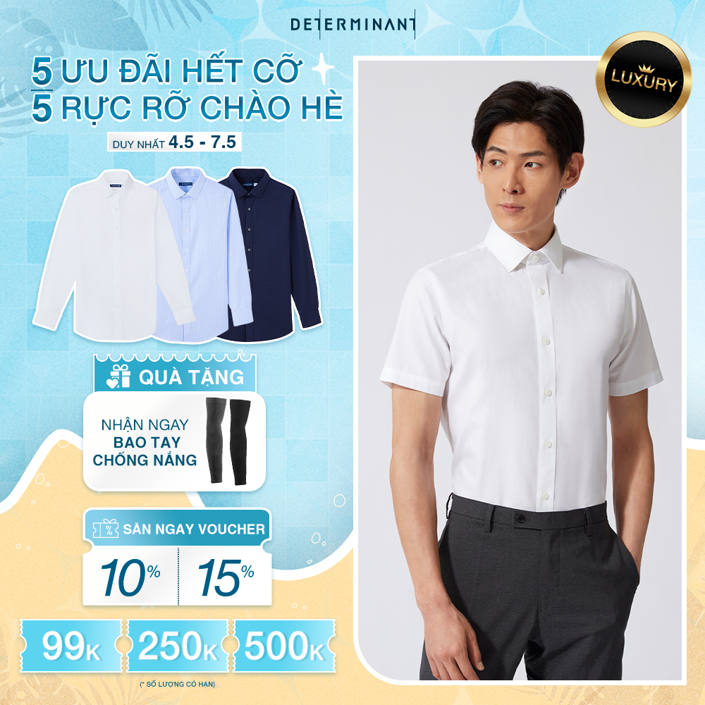 Áo Sơ Mi Nam Tay Ngắn Dáng Ôm DETERMINANT 100% Cotton Siêu Dài Chống Nhăn Kháng Khuẩn - 301 - Màu Tr