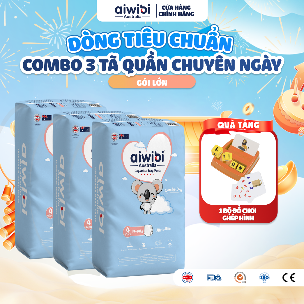 [Combo 3] Tã/Bỉm Quần Aiwibi Tiêu Chuẩn Cho Bé Thoáng Khí Thấm Hút Nhanh - Gói Lớn M/L/XL/XXL