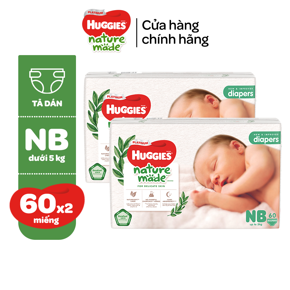 Combo 2 Tã/Bỉm dán Huggies NatureMade NB60/S82/M64/L54/XL44