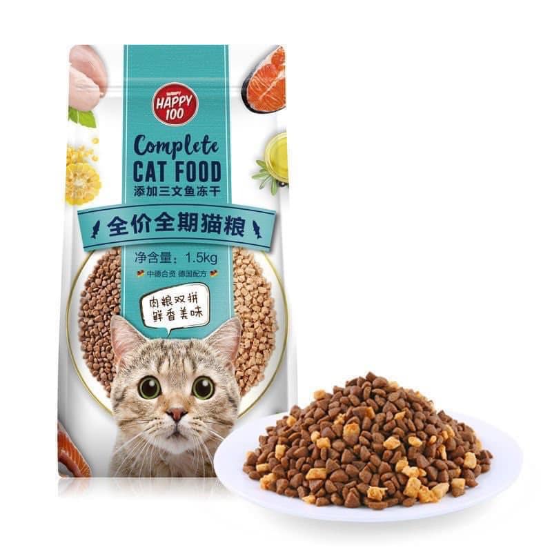 Hạt wanpy happy 100 cho mèo  - Thức ăn hạt cho mèo kén ăn rụng lông chậm lớn bao nguyên 1.5kg có túi chiết 500g1kg