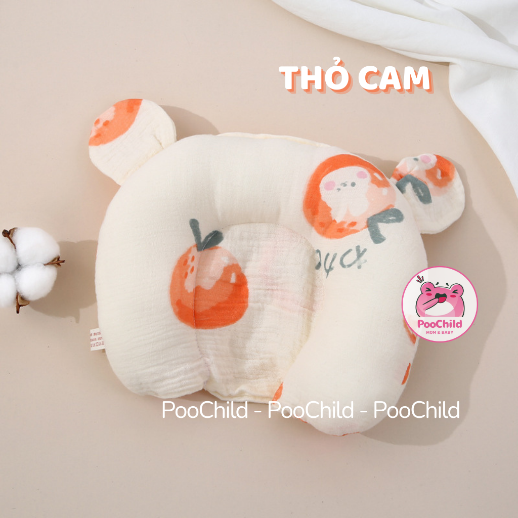 Gối cho bé sơ sinh chống bẹp đầu PooChild gối lõm chống méo đầu xô muslin gối nằm em bé tai thỏ