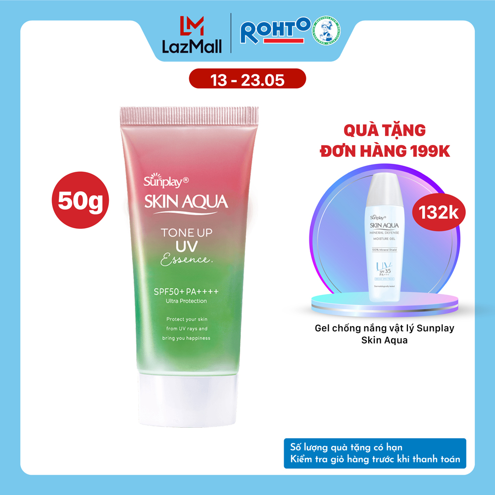 Kem chống nắng nâng tông Skin Aqua Tone up Rose cho da trắng khuyết điểm xanh hoặc tái xanh dạng tinh chất Sunplay Skin Aqua Tone Up UV Essence Happiness Aura (Rose)  SPF 50+ PA++++ 50g