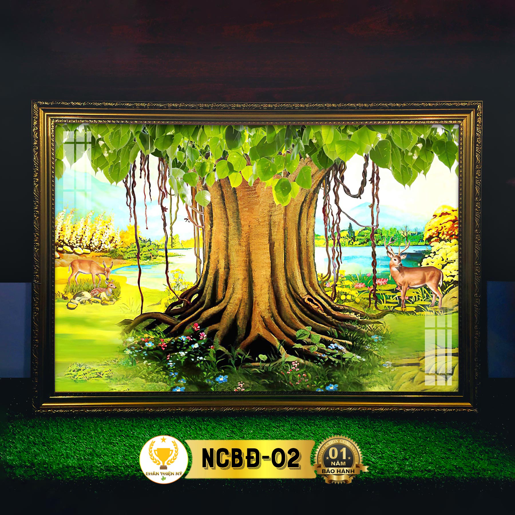 Tranh Cây Bồ Đề Treo Tường Có Đèn CHÂN THIỆN MỸ Trang Trí Bàn Thờ Phật Treo Phòng Thờ NCBĐ-02