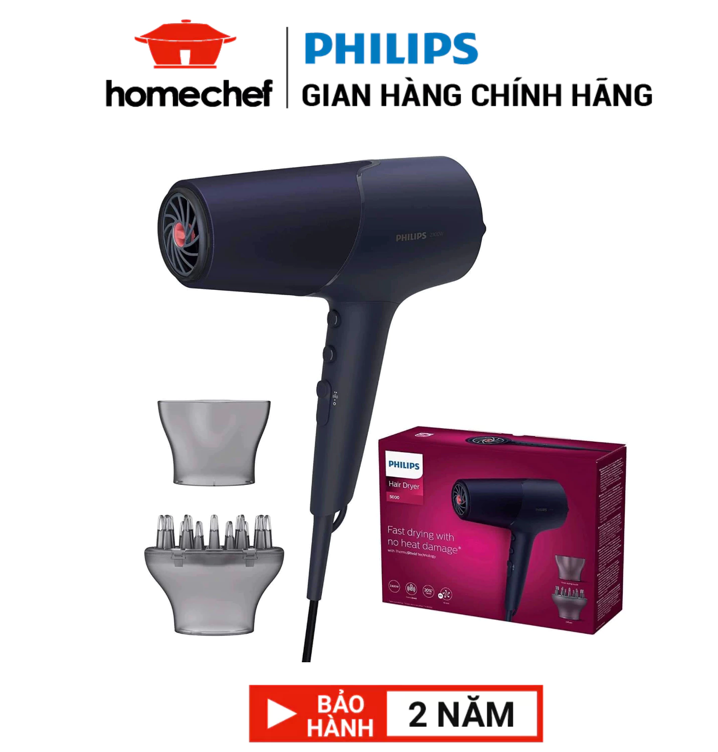 Máy sấy tóc Philips công suất 2300W an toàn cho tóc chống quá nhiệt bảo hành 2 năm chính hãng - BHD510/00