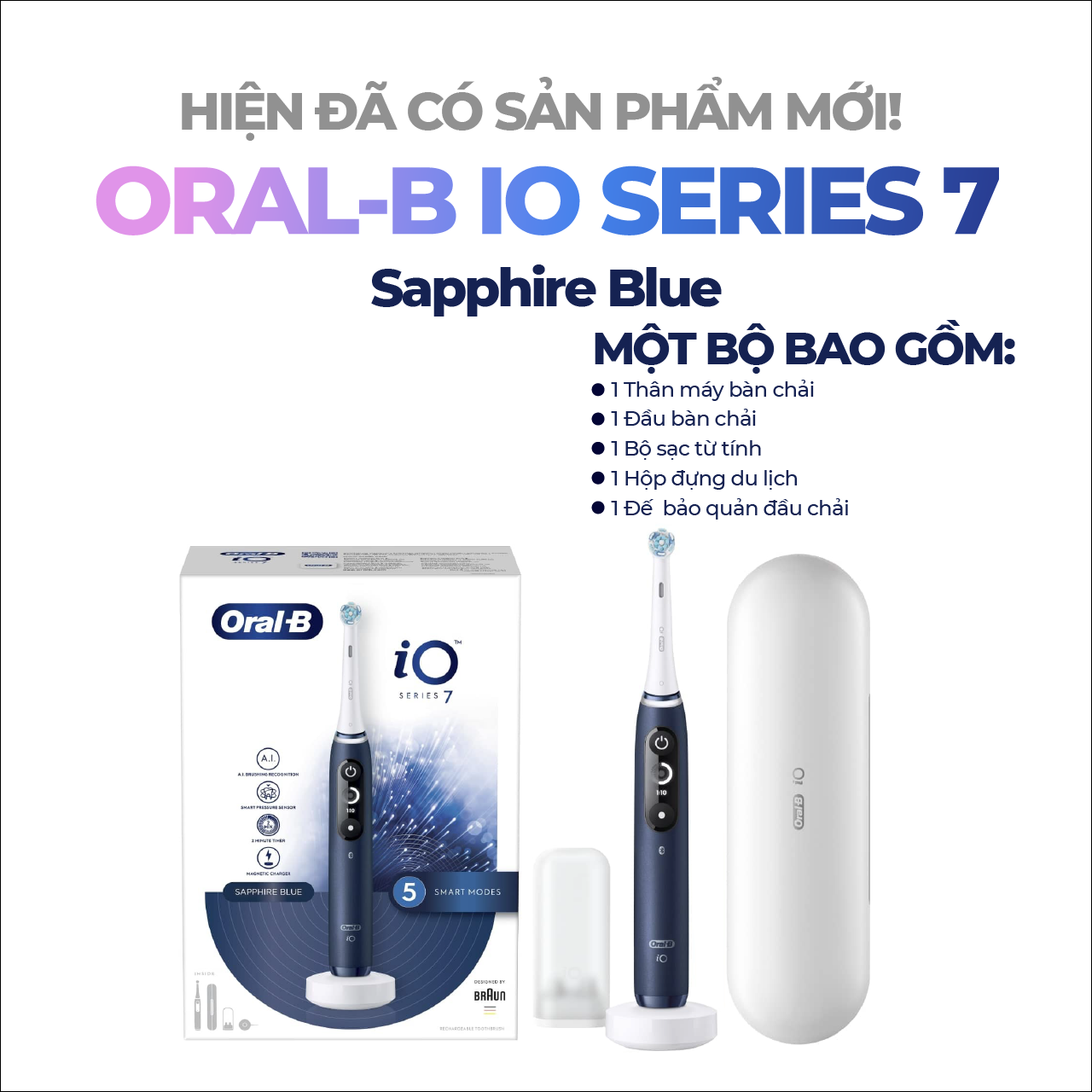 Bàn Chải Điện Oral-B iO Series 7 - 5 Chế Độ Làm Sạch Cảm Biến Áp Suất Hẹn Giờ 2 Phút Màn Hình Thông 