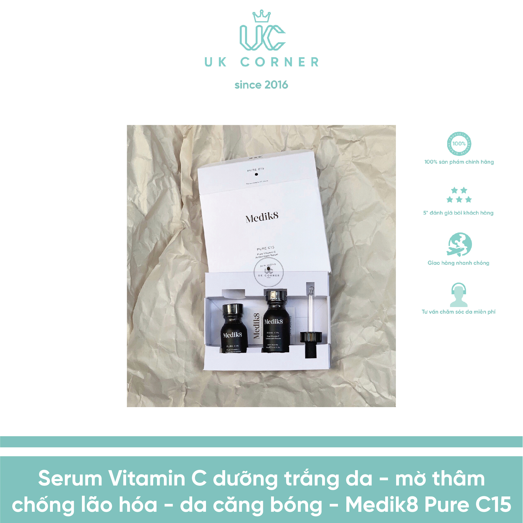 Serum Vitamin C Trắng Da - Mờ Thâm - Chống Lão Hóa - Da Căng Bóng - Medik8 Pure C15 (Full Box 2 Lọ)