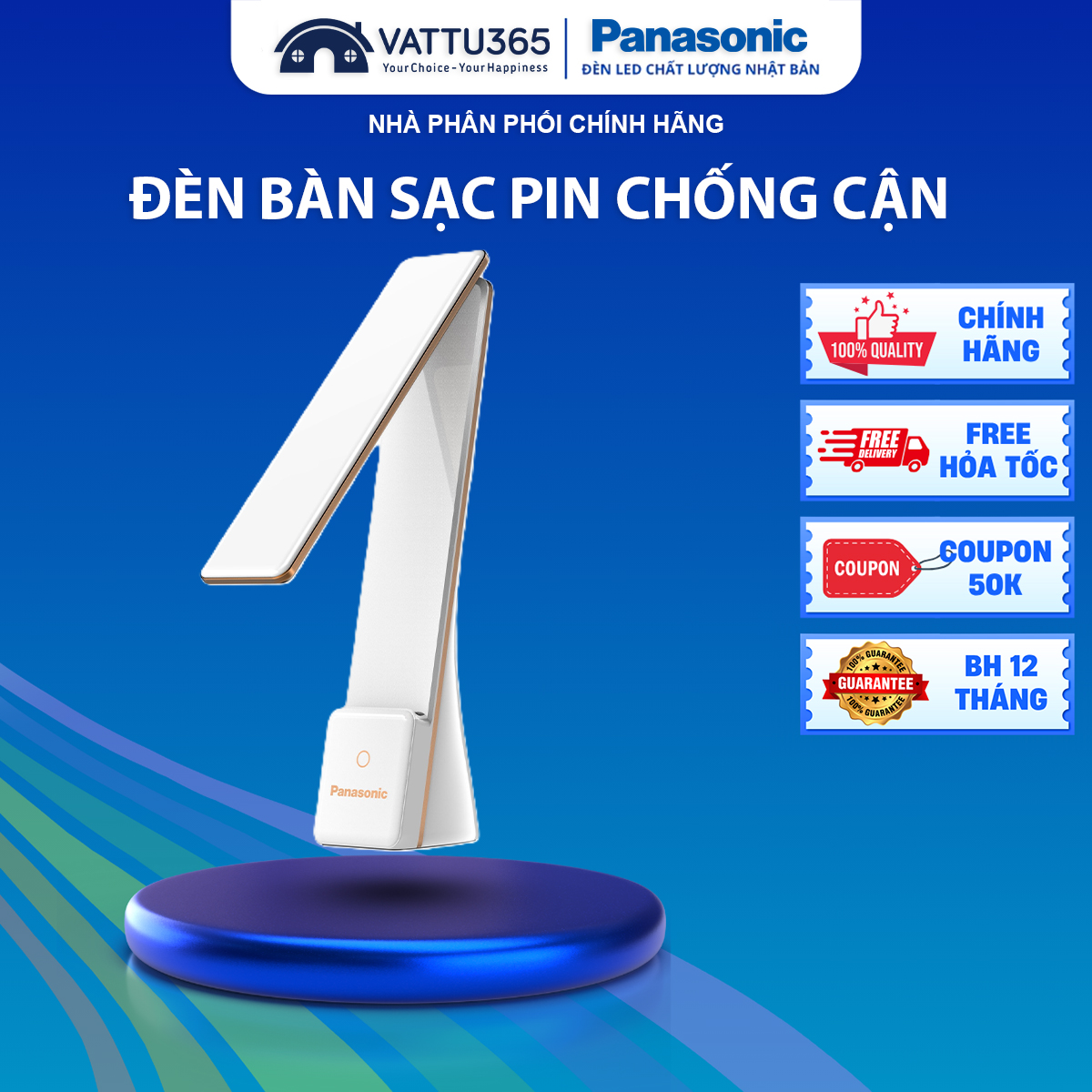 Đèn bàn chống cận sạc pin Panasonic 5W màu đen cảm ứng bật tắt không ánh sáng xanh bảo vệ mắt