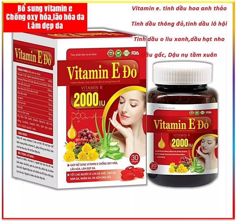 Viên Uống Đẹp Da Vitamin E đỏ 2000IU Thành Phần Vitamin E Tinh Dầu Lô Hội Hoa Anh Thảo Thông ĐỏTinh