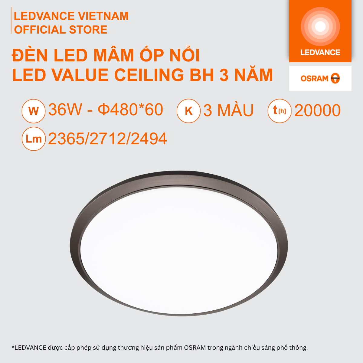 Đèn Mâm LED OSRAM Ốp Trần Nổi Viền Đen 24W- Ф380 / 36W - Ф480. 3 Màu Ánh Sáng Chất liệu PP+PS BH 3 Năm