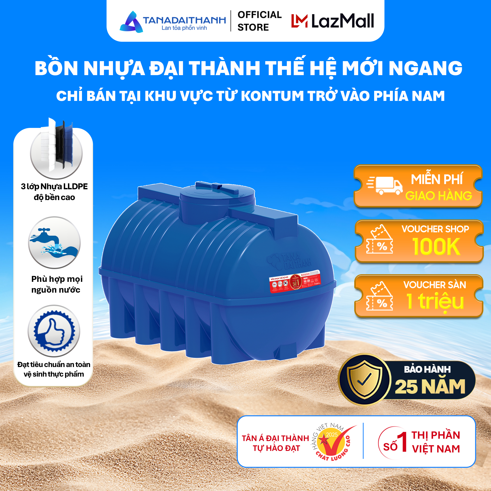 Bồn nước nhựa Đại Thành Thế Hệ Mới Ngang 500L 1000L 1500L 2000L - Chính hãng Bảo hành 25 năm Chỉ bán