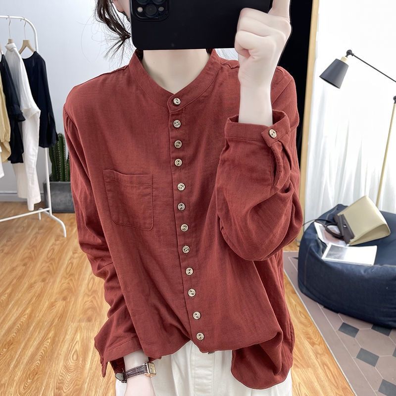 Áo Sơ Mi Nữ Dài Tay Cotton Nguyên Chất Cổ Tròn Mùa Xuân Văn Học Nghệ Thuật Cổ điển áo Sơ Mi đáy Trên