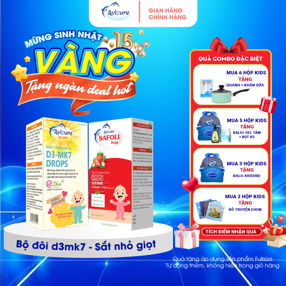 TPBVSK Combo Vitamin D3K2 Avisure D3MK7 và Sắt hữu cơ Avisure Safoli Drop tăng hấp thụ canxi chắc xư