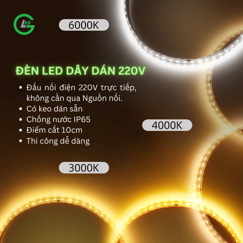 Dây Đèn LED Dán 220V SMD 2835 GLED điểm cắt nhỏ 10cm trang trí viền hắt sáng đấu nối trực tiếp không cần qua nguồn chuyển đổi