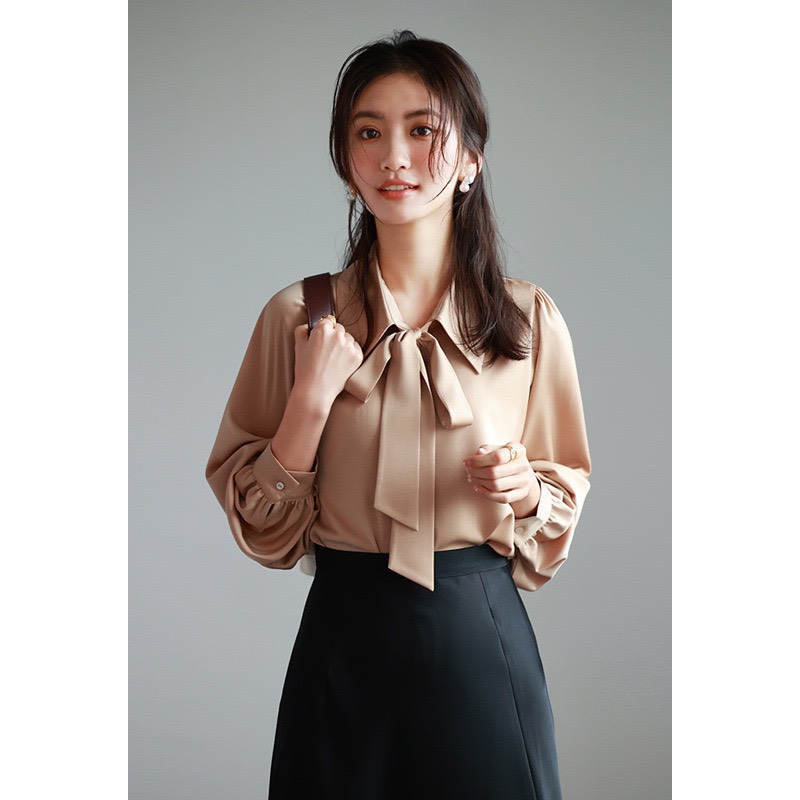 Áo Sơ Mi trung niên nữ U30 U40 U50 Áo Cổ Sơ Mi Nữ Thắt Nơ Cao Cấp HT_ Thời Trang Trung Niên