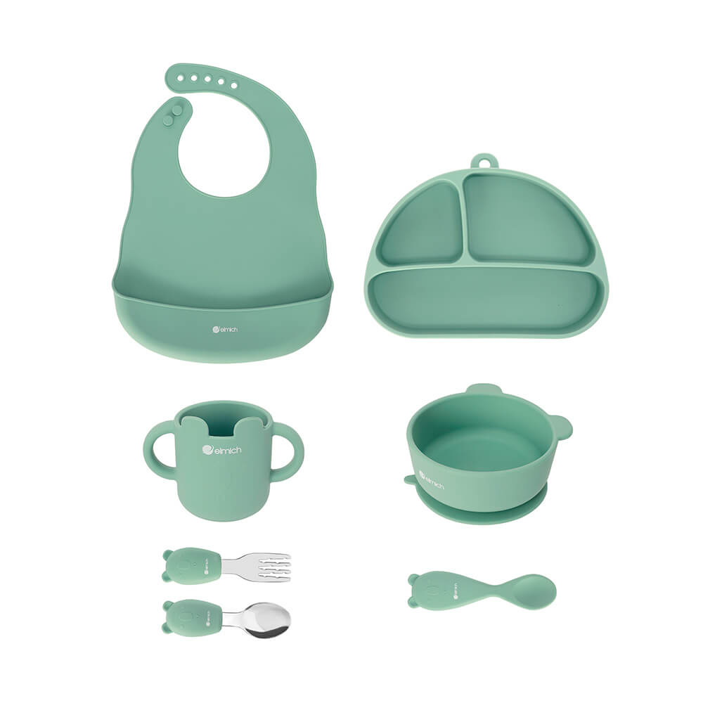(SALE 8.8)Bộ ăn dặm 7 món silicon cao cấp màu Hồng Elmich Babycare