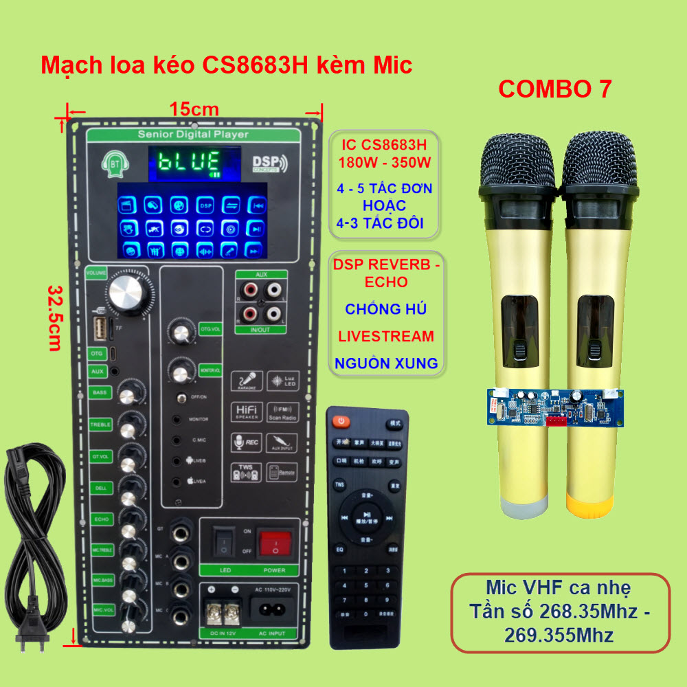 Mạch loa kéo LIVESTREAM DSP REVERB – ECHO CHỐNG HÚ IC CS8683H 180W – 350W Loa kéo 4 – 5 tấc đơn hoặc 4 – 3 tấc đôi kèm Micro