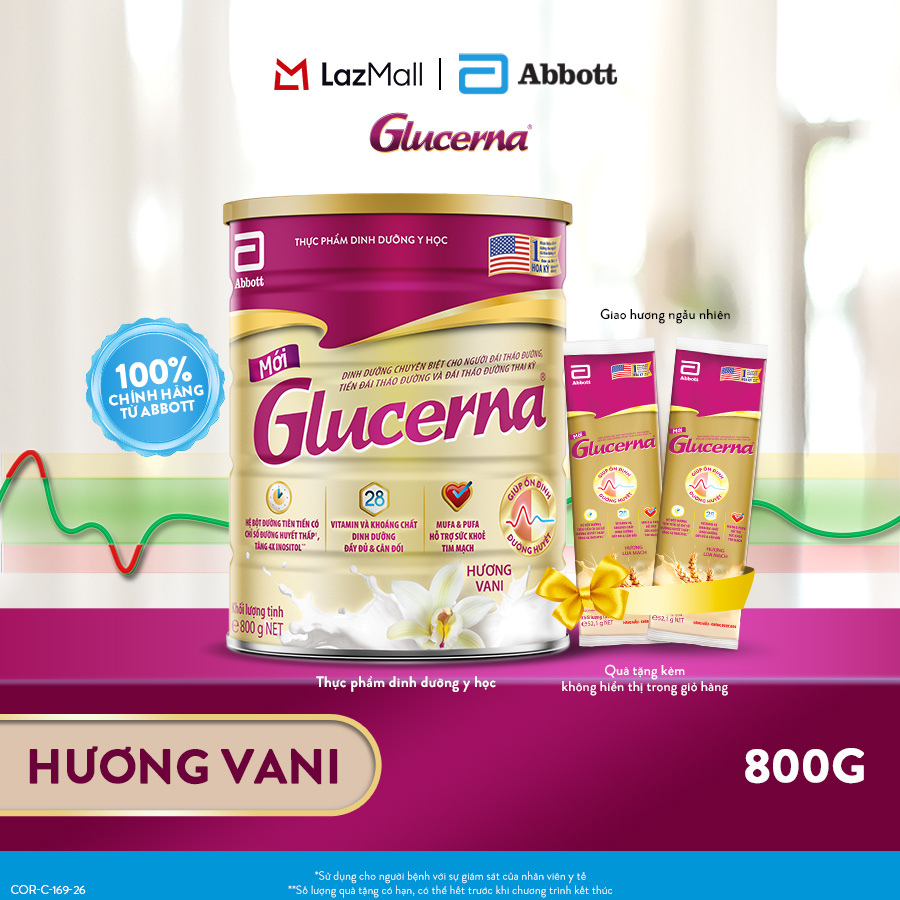 Lon sữa bột Glucerna 800g hương Vani tặng 2 gói dùng thử
