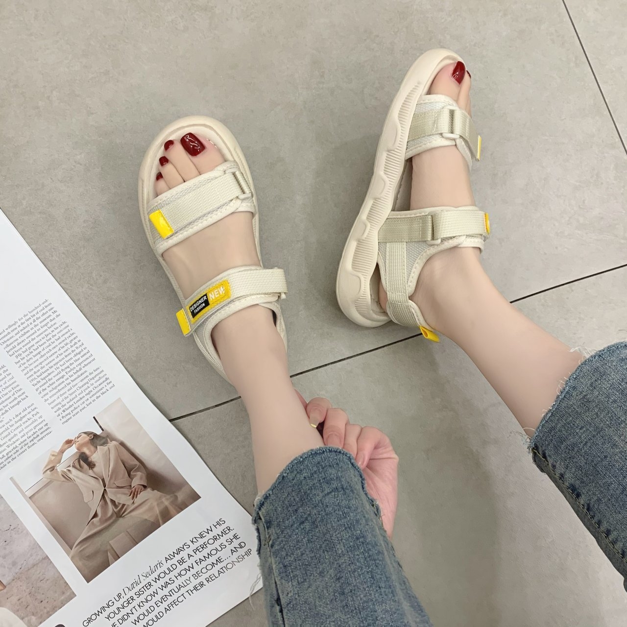 Sandal Nữ Quai Dán FIN Hàn Quốc Quai 3 Màu Hot Trend