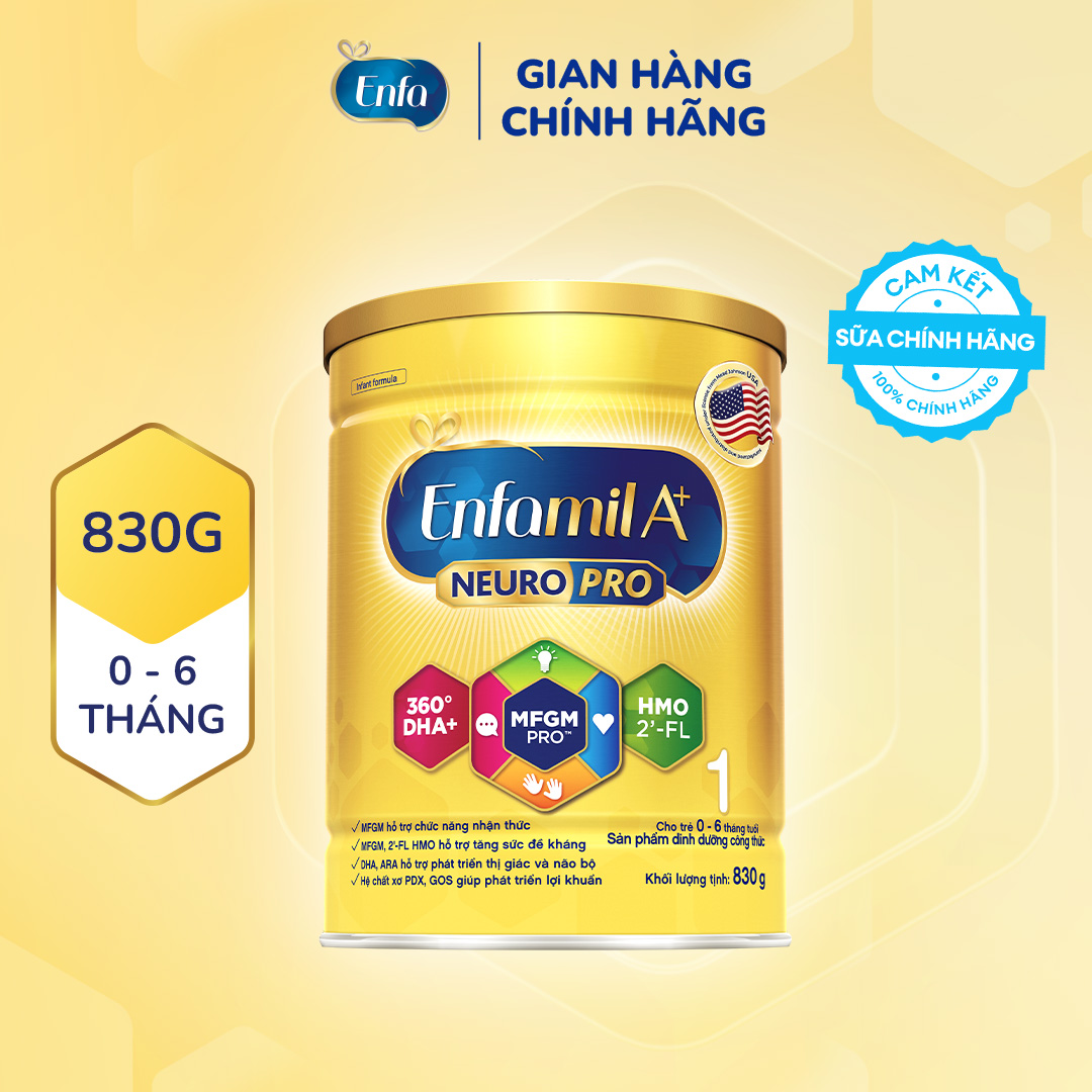 Sữa bột Enfamil A+ NeuroPro 1 Vị thanh mát 2FL HMO với dưỡng chất DHA & MFGM cho trẻ từ 0 – 6 tháng tuổi– 830g