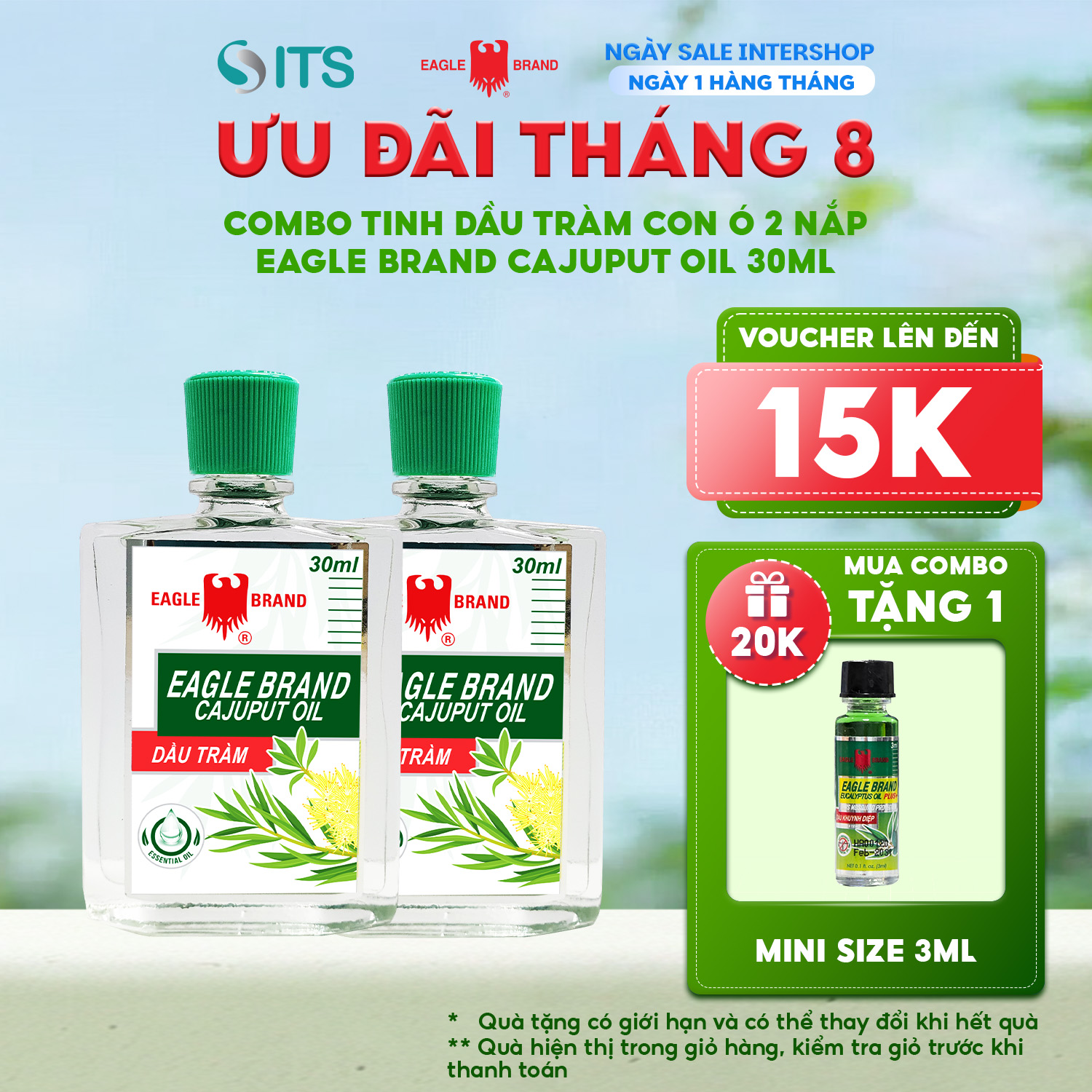 Combo 2 Dầu Tràm Con Ó 2 Nắp Eagle Brand Cajuput Oil 30ml hỗ trợ giữ ấm cảm cúm cho bé giảm đau bụng đầy hơi