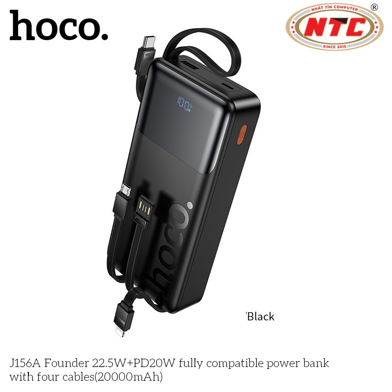 Pin sạc dự phòng Hoco J156A 20000mAh TypeC PD 20W & USB-A QC 3.0 22.5W Kèm 4 Cáp sạc in/out (Đen) - 