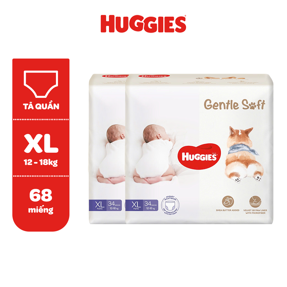 Combo 2 Tã quần Huggies Gentle Soft - Corgi M54/L40/XL34/XXL22 miếng êm mềm nâng niu làn da bé