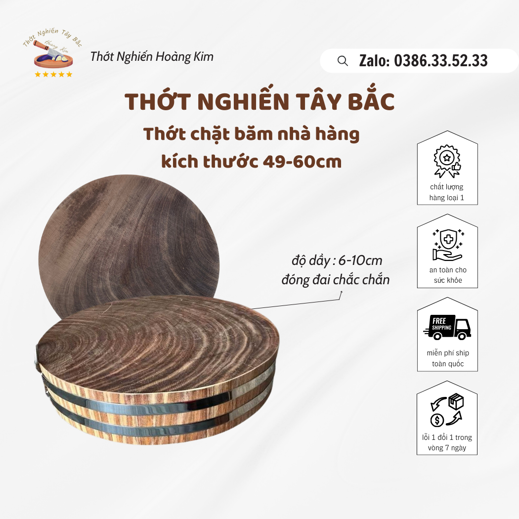 Thớt Gỗ Nghiến 49-60cm cho nhà hàng + đai inox [Thớt Nghiến Hoàng Kim]