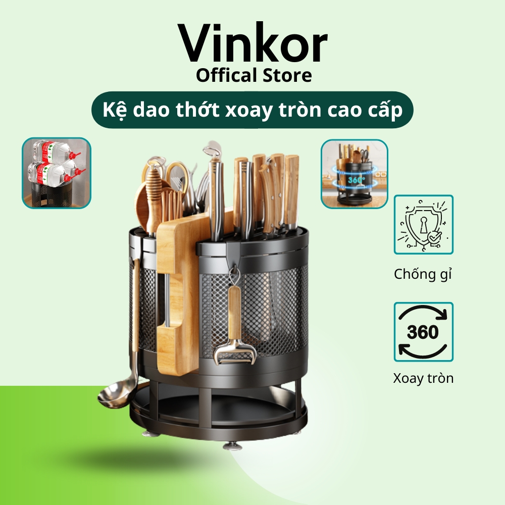 Kệ dao thớt đũa nhà bếp xoay 360 độ inox 304 sơn chống gỉ mặt lưới thoáng khí chịu lực cực tốt- Vinkor.Store