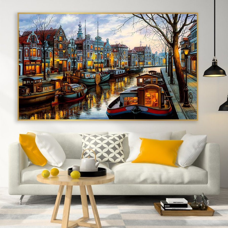Bức tranh treo tường Phong cảnh phố cổ sơn dầu tranh nghệ thuật Tranh vải canvas chống thấm decor ph