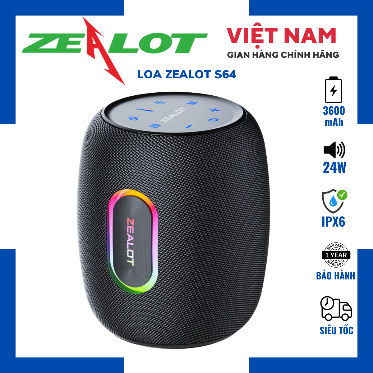 Loa Bluetooth Zealot S64| Loa Công suất 50W Bass căng Pin 14400mAh Led RGB Kháng nước-Chính hãng Bảo