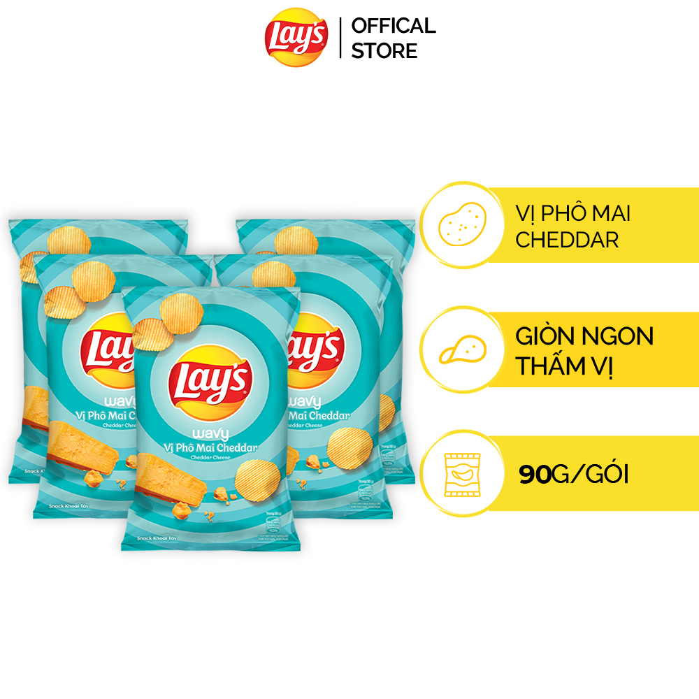 Combo 5 gói Snack Khoai Tây Lay’s Wavy Vị Phô Mai Cheddar (5 x 90g/gói)