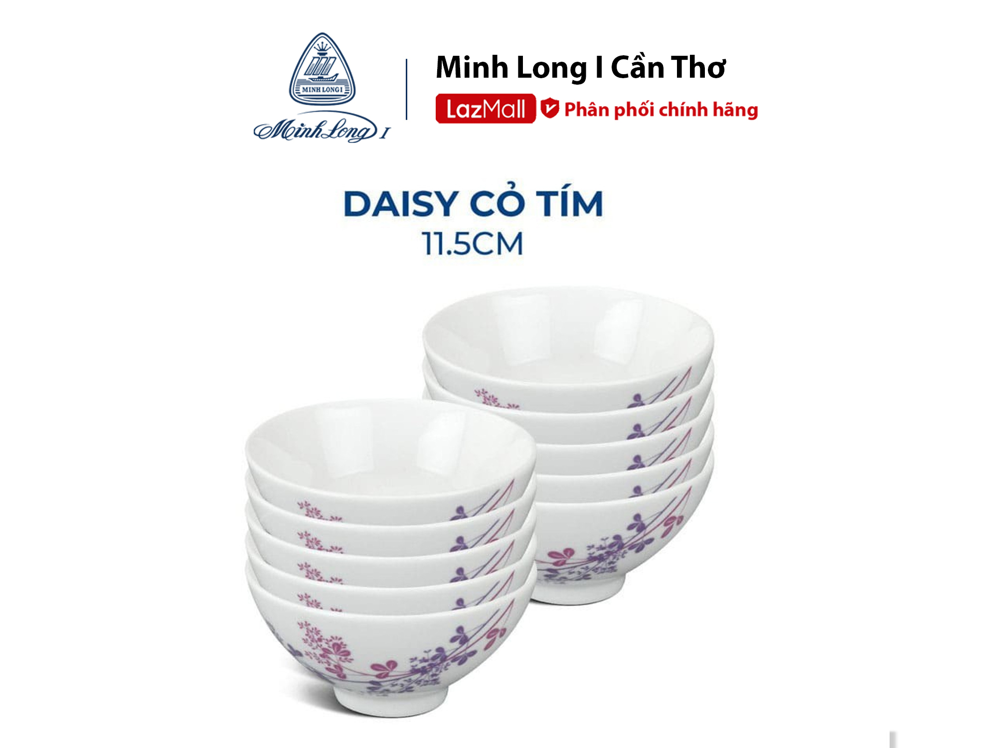 Bộ 10 Chén Cơm sứ cao cấp Minh Long 11.5cm - Daisy Cỏ Tím - hàng đẹp cao cấp dùng để ăn cơm trong gia đình đãi khách tặng quà tết