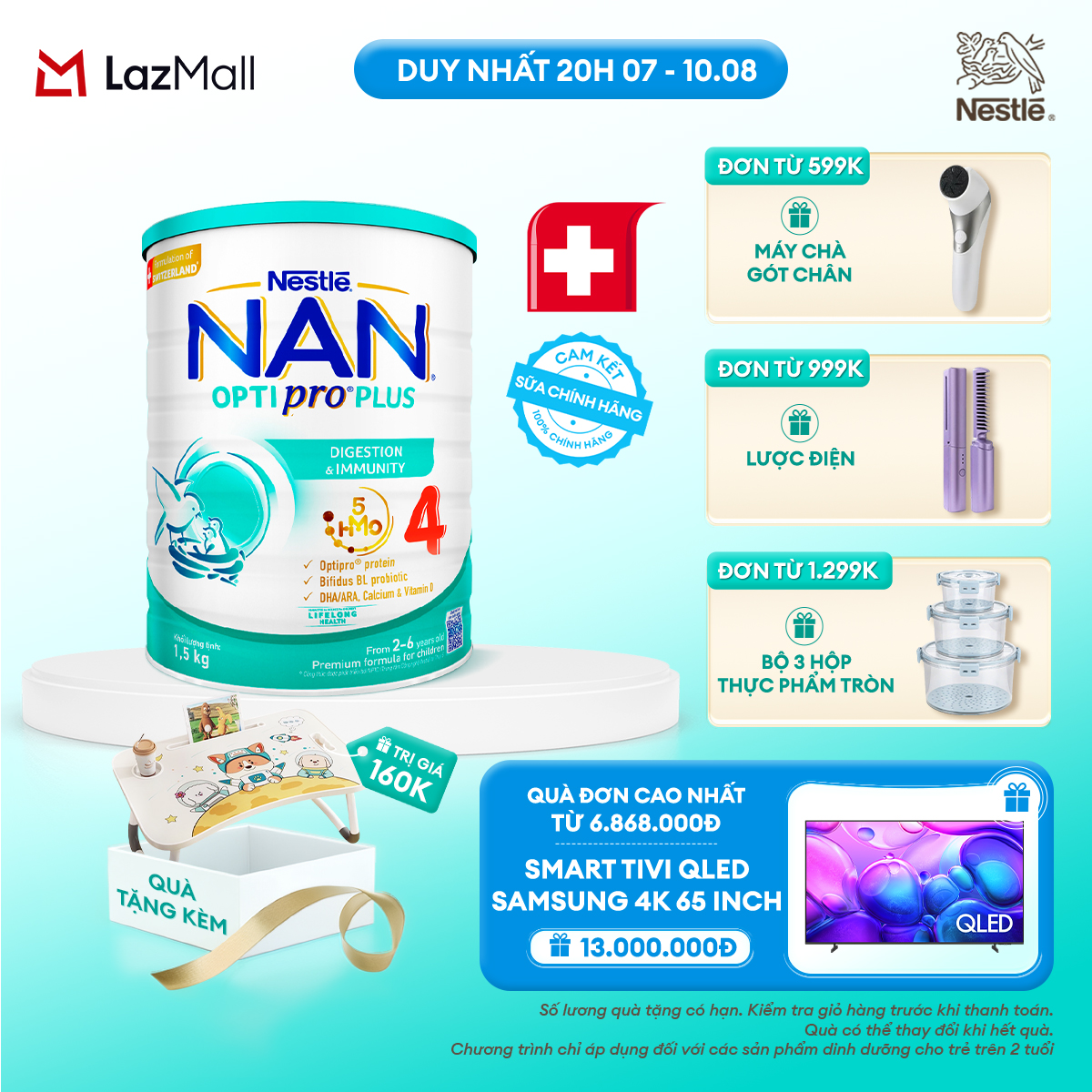[CHỈ 20H 07-10.08 QT ĐƠN 599K/999K/1299K] [Tặng bàn gấp gọn] Sữa bột Nestlé NAN OPTIPRO PLUS 4 1500g/lon với 5HMO Giúp tiêu hóa tốt