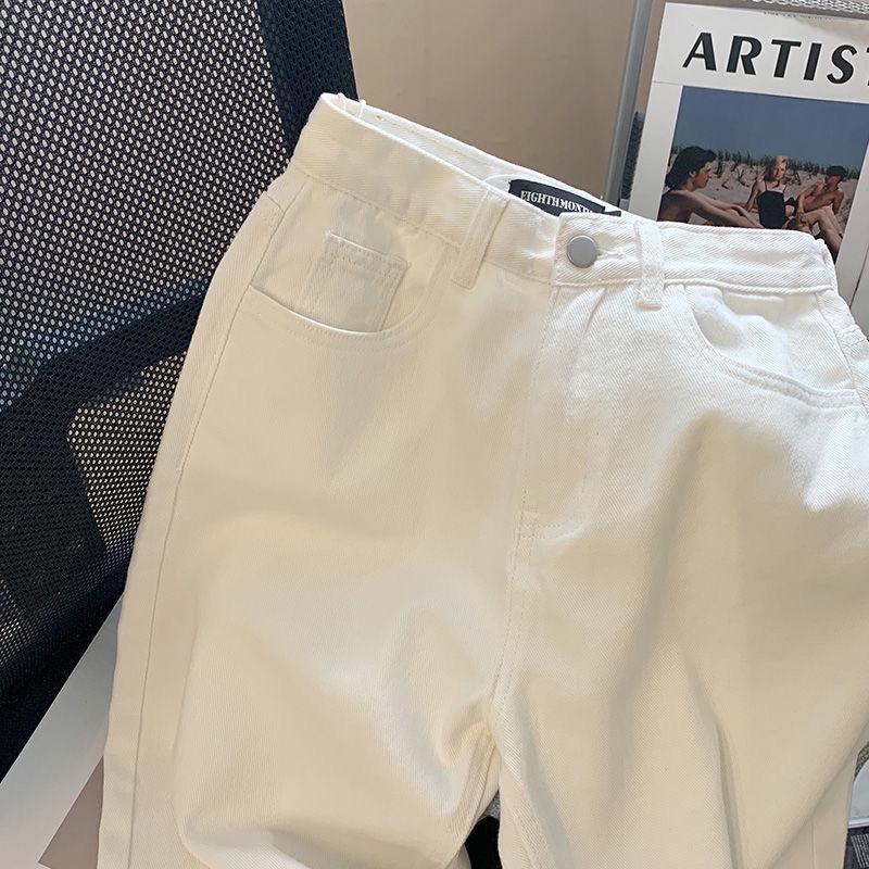 Quần jeans nữ trắng suông trơn dài lưng cao vải Denim quần jean nữ trắng ống suông rộng cao cấp lưng cao