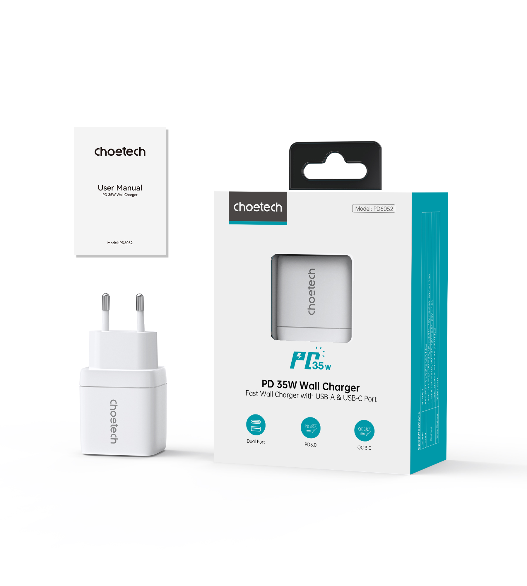Củ sạc nhanh Choetech PD6052 35W 2 cổng (Usb A+ Type C) - hàng chính hãng
